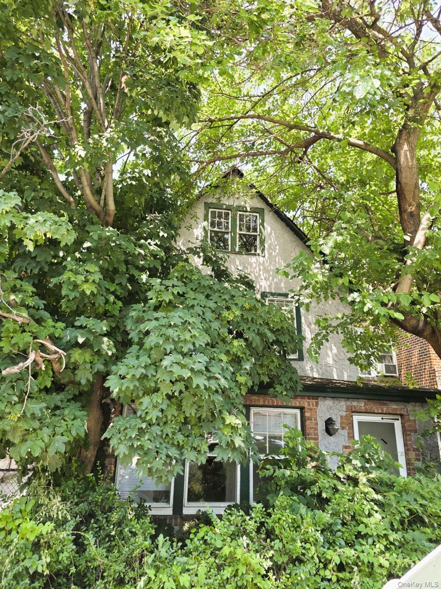 Exterior featuring mature trees, a stucco facade, brick accents, and white-framed windows with dark green trim