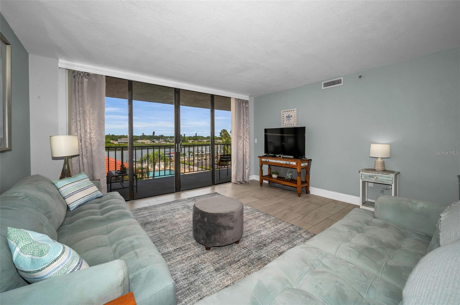 Living area with the balcony steps away