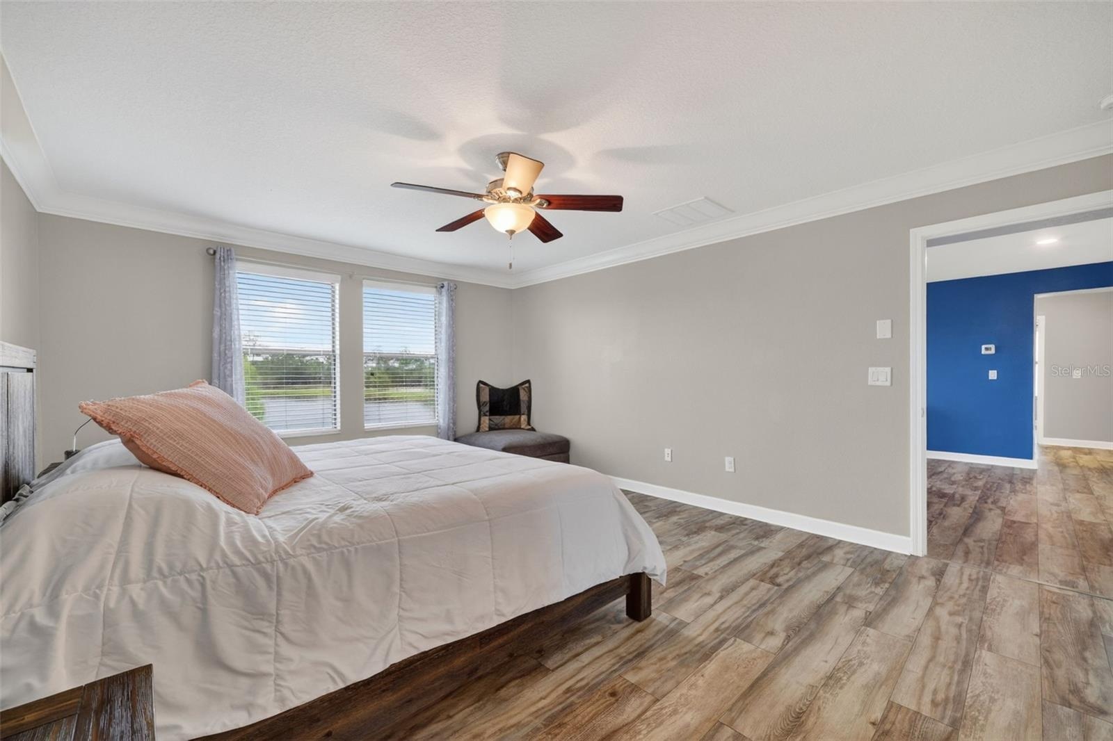 Primary Suite with LVP Floors, Crown Molding, Ceiling Fan, En-Suite Primary Bathroom, Windows Overlooking the View in Waterleaf Community! Enough Room