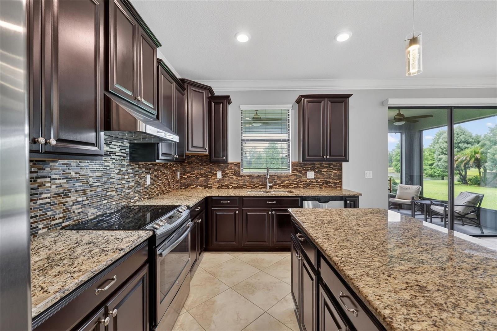 Cooking and Entertaining with a VIEW! Full Gourmet Kitchen with Crown Molding, Island, Pendant & Recessed Lighting, Abundant Cabinets with Crown Trim,