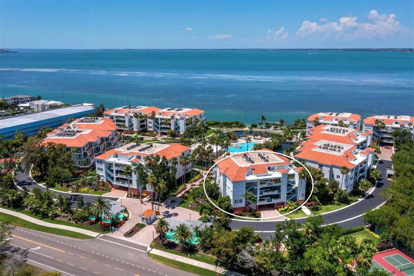 Building 350C has the most incredible view of the entire gorgeous community including the mote, the resort style pool and Sarasota Bay