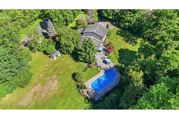 Expansive property featuring a large in-ground pool, extensive paved patio, substantial green space, mature trees, and a detached storage shed