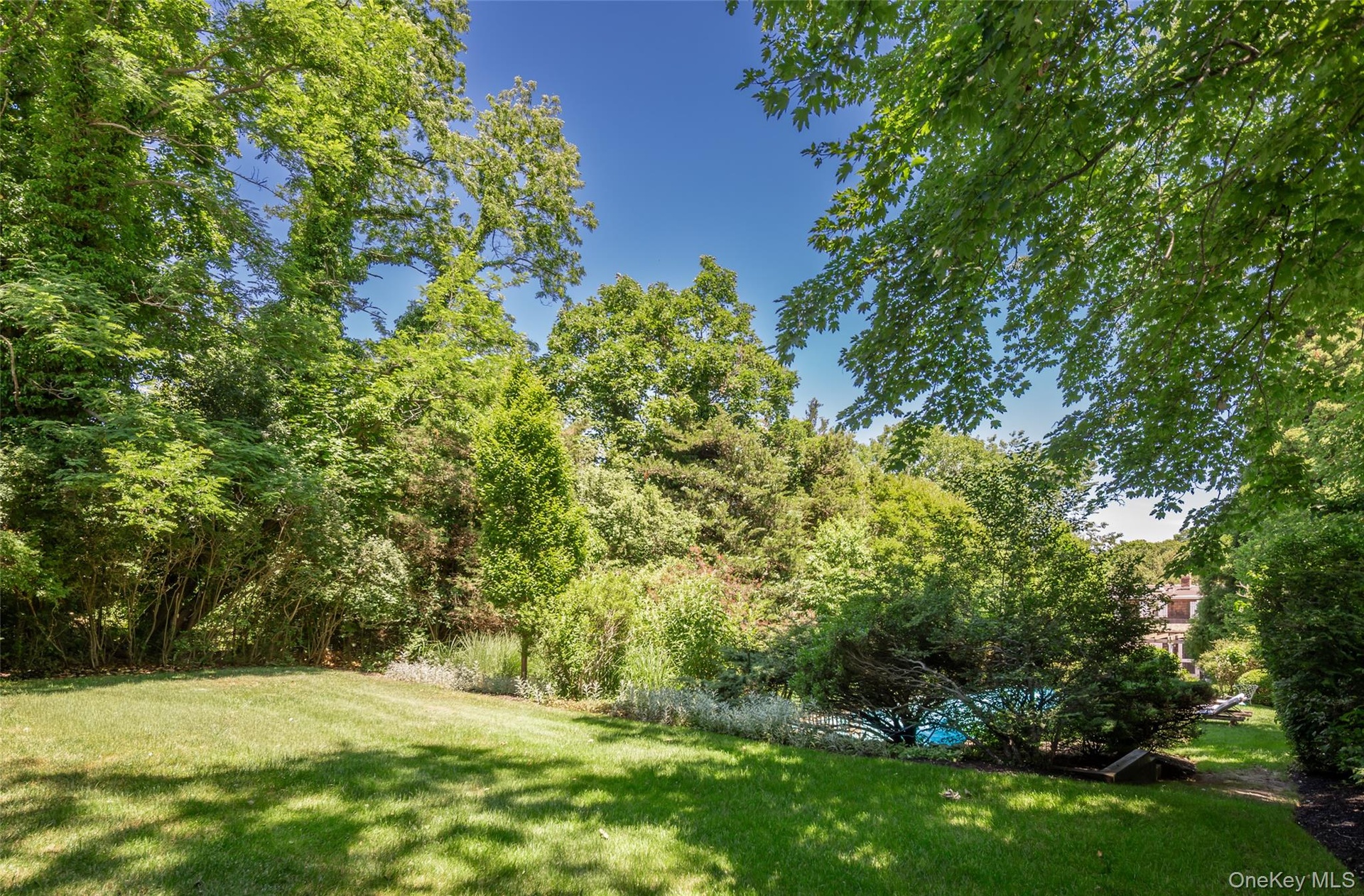 Expansive lawn area surrounded by mature trees and varied foliage