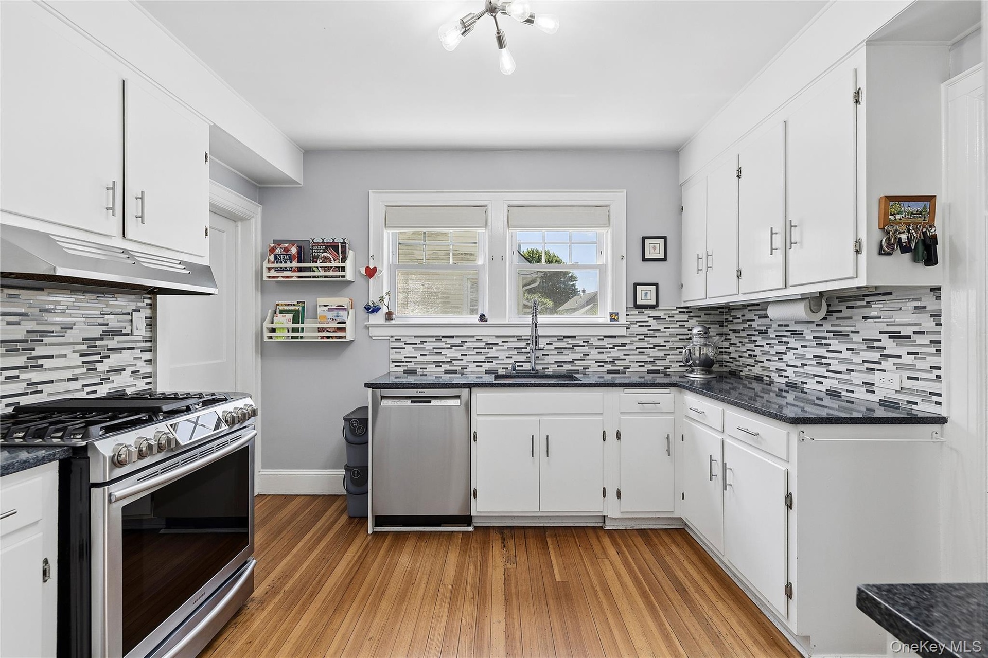 Kitchen featuring wood-finish flooring, white cabinetry, dark countertops, a mosaic tile backsplash, and stainless steel appliances