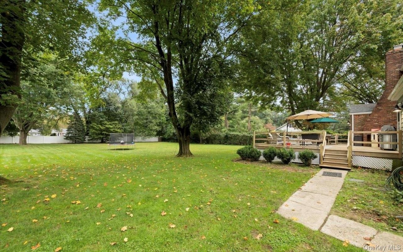 View of yard with a trampoline, a wooden deck, and view of wooded area