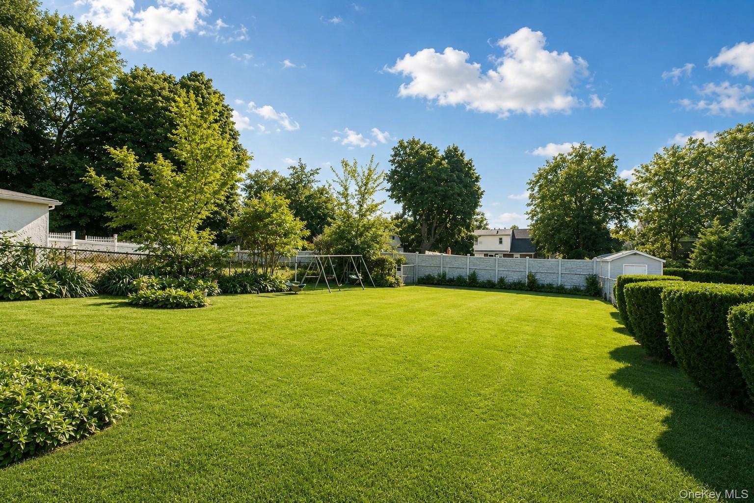 Expansive green lawn with established landscaping, perimeter fencing, and mature trees