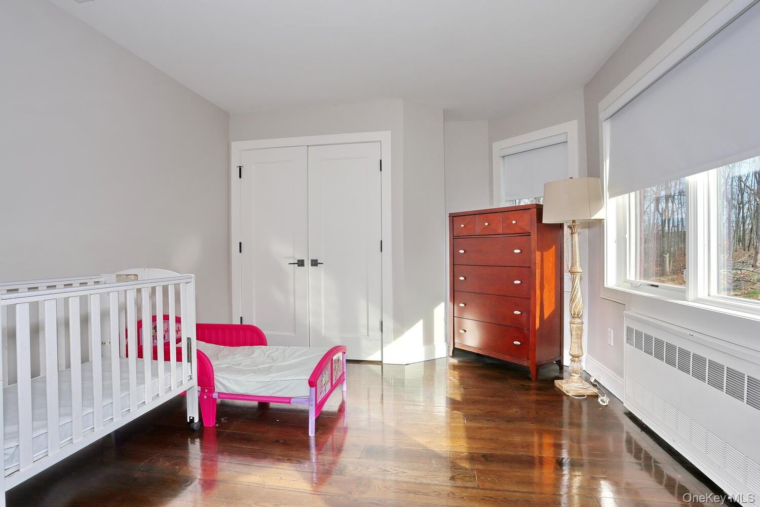 Bedroom featuring radiator, a closet, and dark wood-type flooring