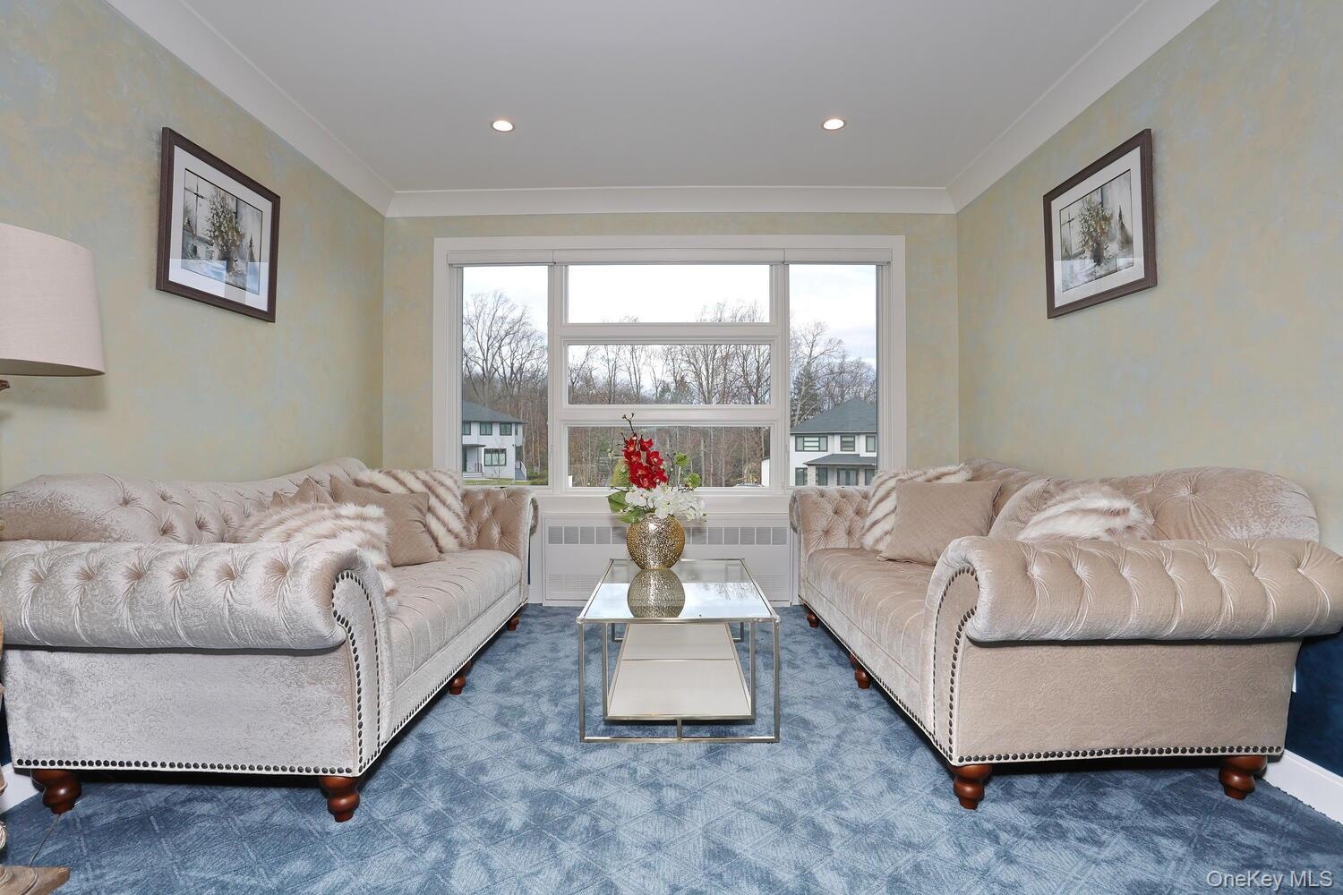 Living area with ornamental molding, radiator heating unit, and recessed lighting