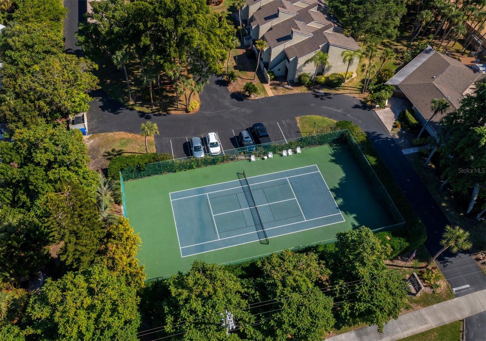 tennis court lined for pickle ball
