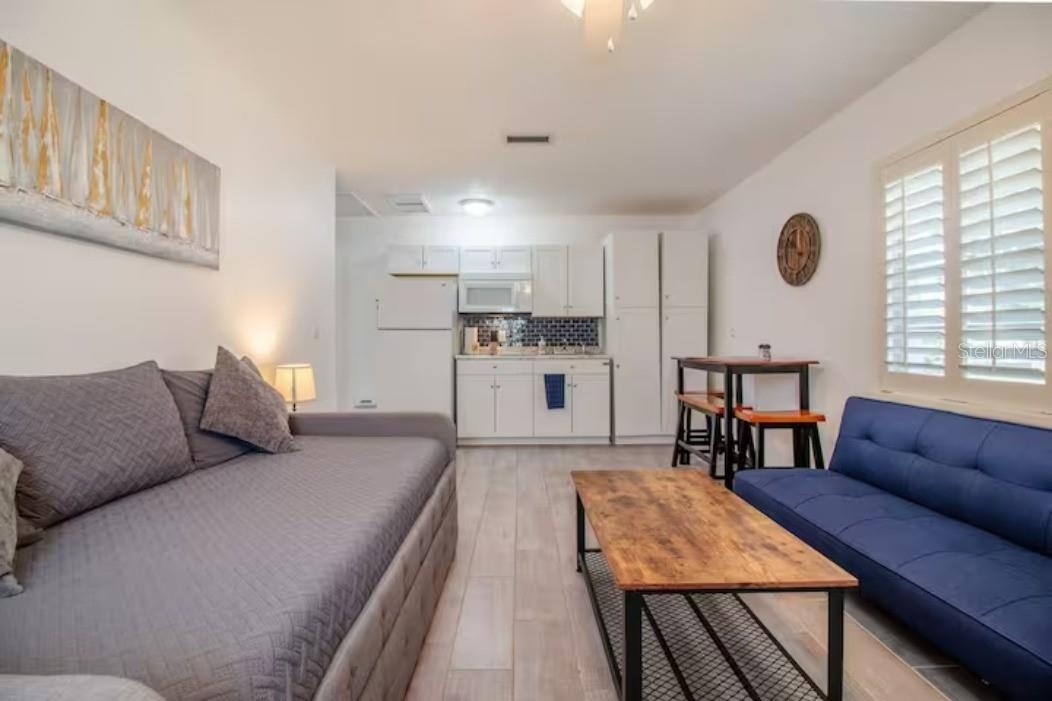 Shared living room with 2 sofa beds, dining table, kitchenette