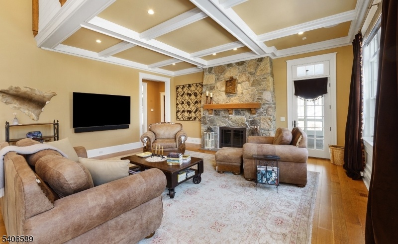 fireplace and entry to porch