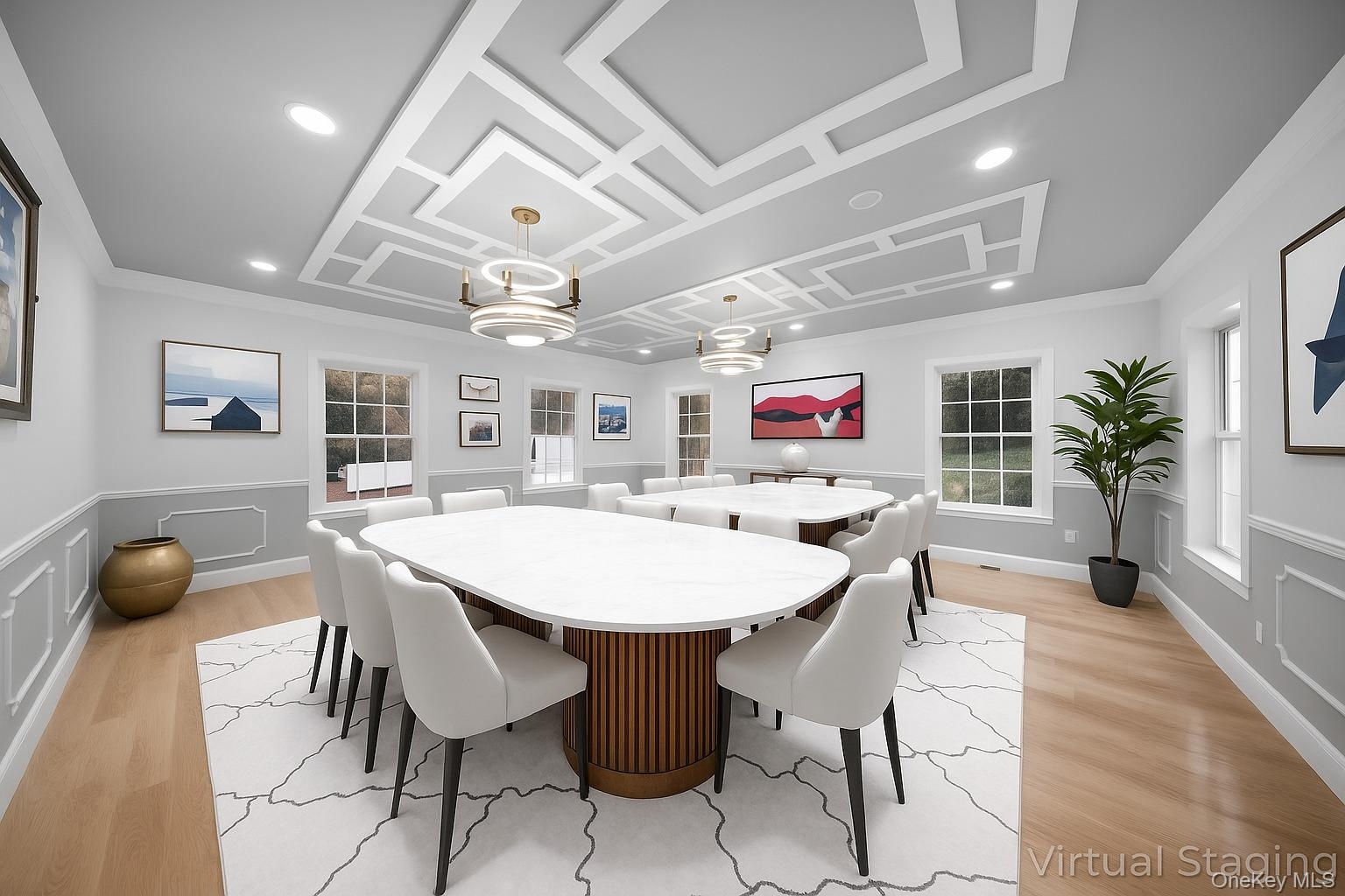 Dining space with light wood-style floors, recessed lighting, and crown molding