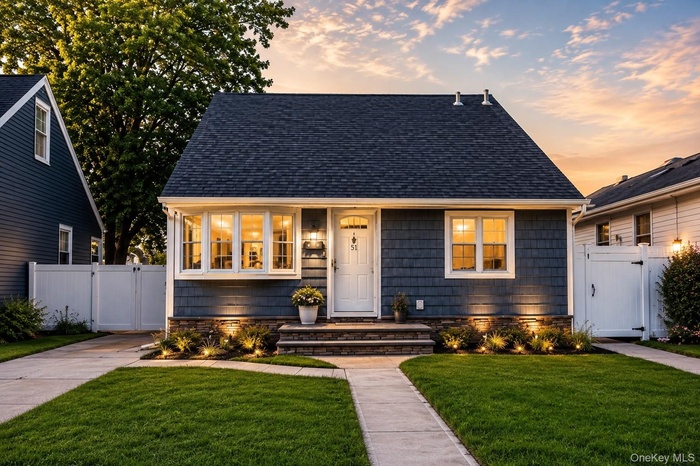 Shingle-sided residence featuring a prominent bay window with white trim, a dark asphalt shingle roof, and a white entry door