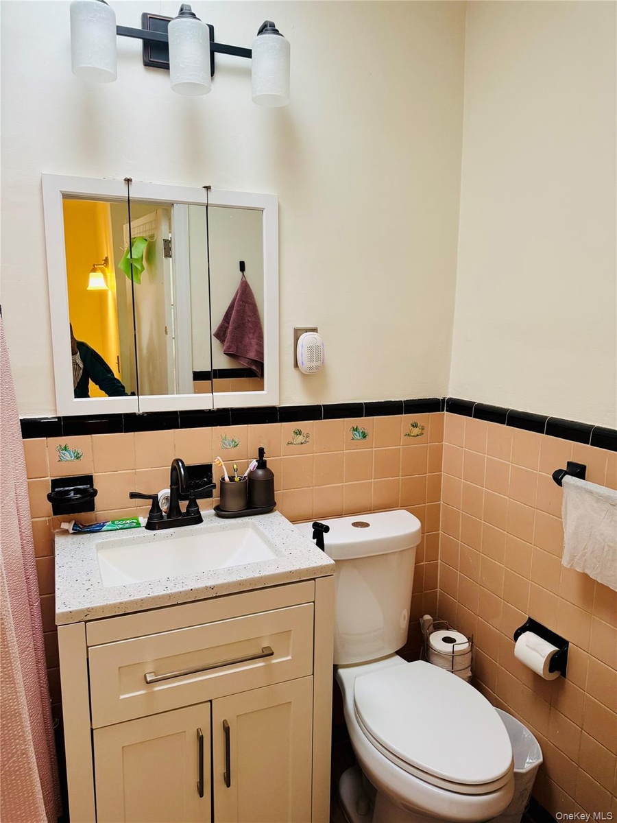 Bathroom with tile walls, vanity, a wainscoted wall, and toilet
