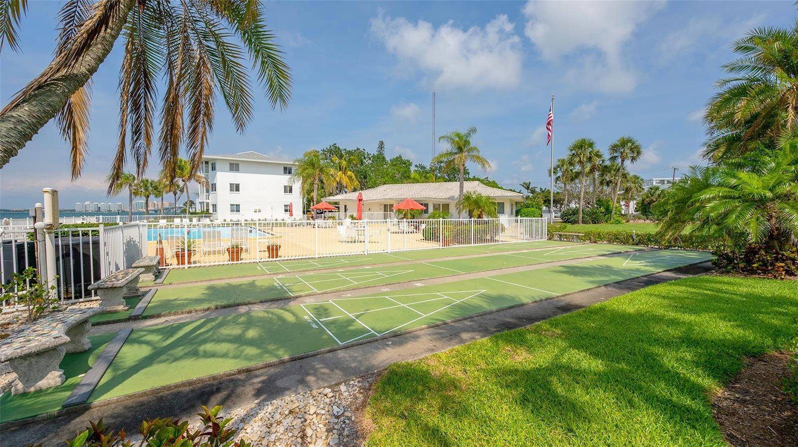 Three deck shuttleboard courts are a great place to gather with friends