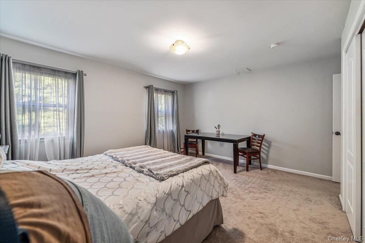 Carpeted room featuring multiple windows with sheer and opaque curtains, a ceiling-mounted light fixture, and a white panel door