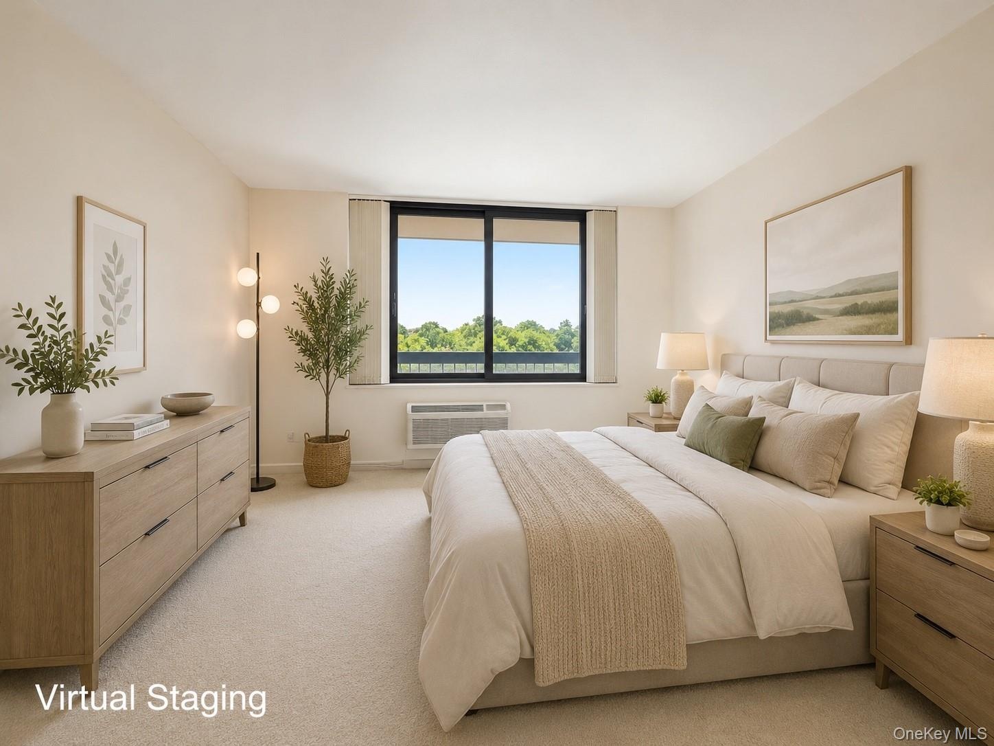 Spacious and sun-filled bedroom featuring a new oversized window showcasing open views of surrounding greenery. The generous layout easily accommodate