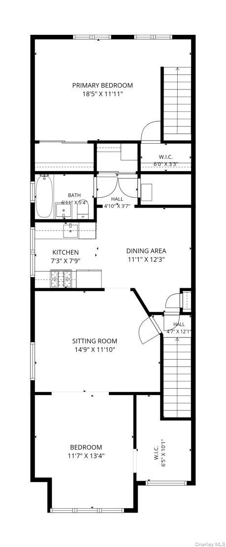Second floor with stairs at back to third floor.  Please note: Bedroom at top is accessible from first floor.