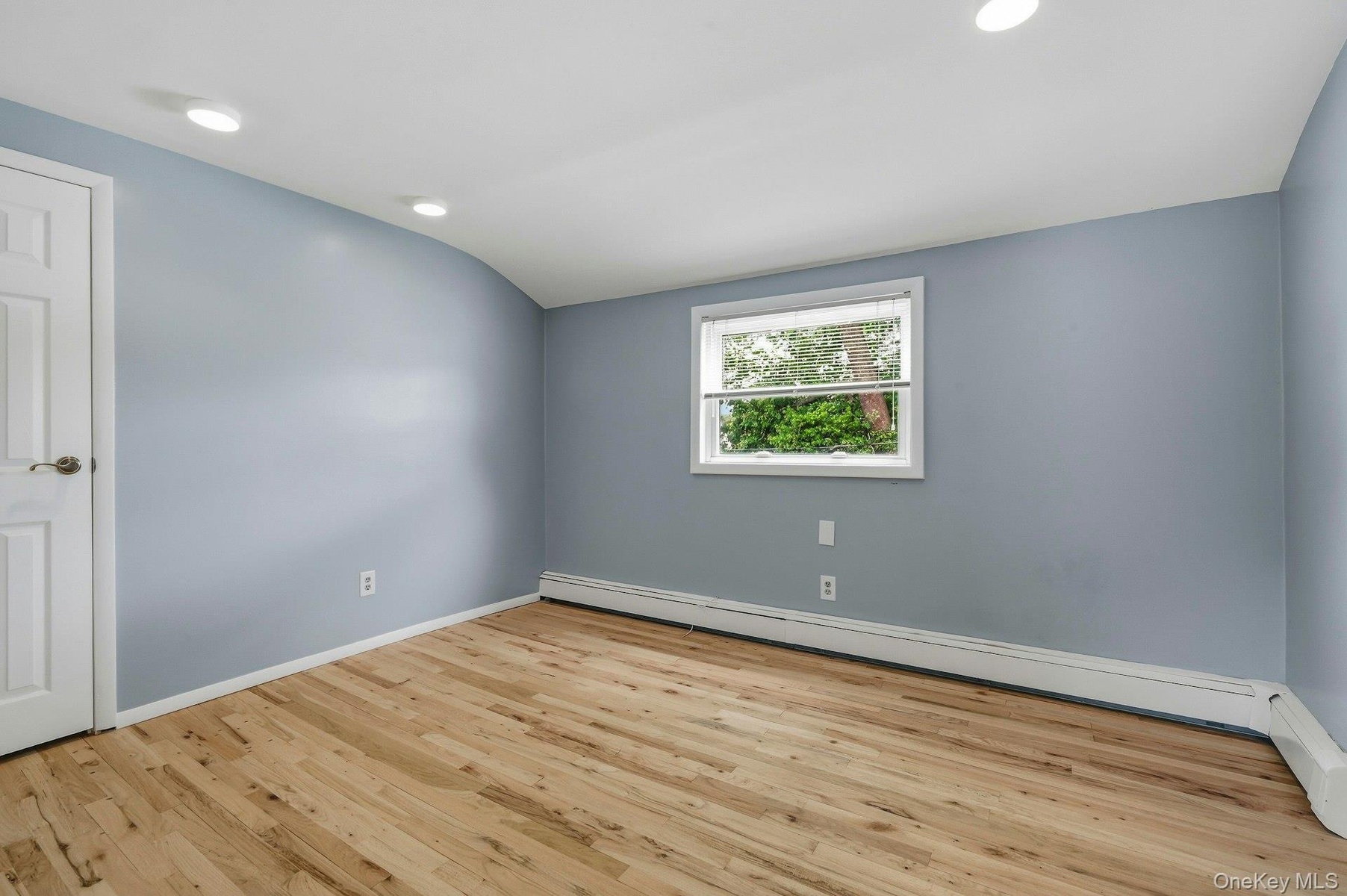 Spacious room with wood-finish flooring, recessed lighting, and a white paneled door