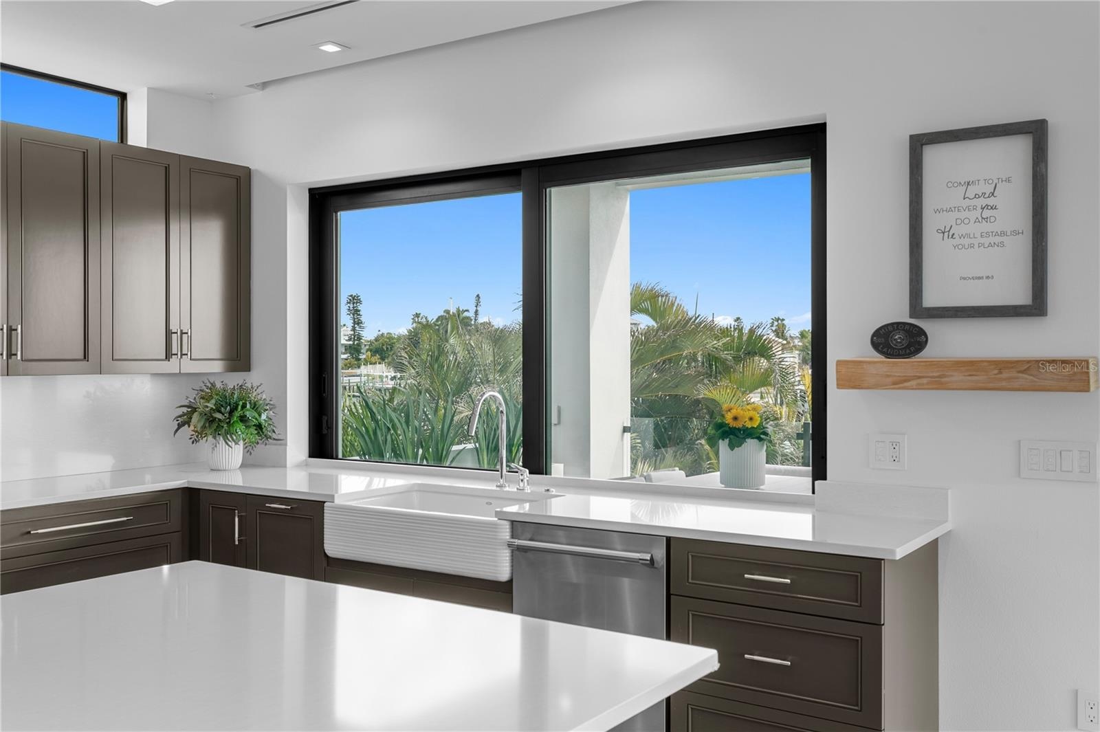 window sink in kitchen with water view