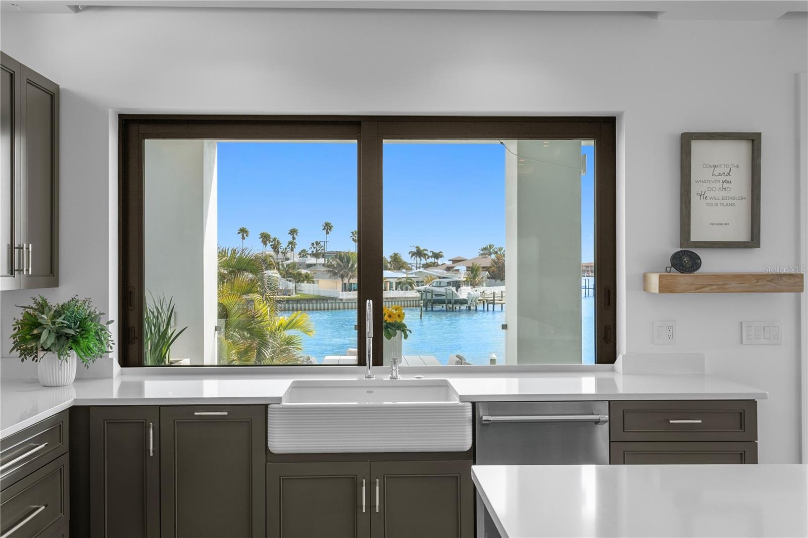 window sink in kitchen with water view