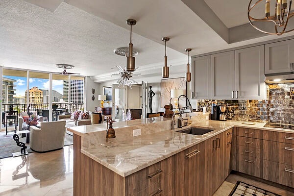 Kitchen w/ Quartzite countertops, Briszo touch faucet