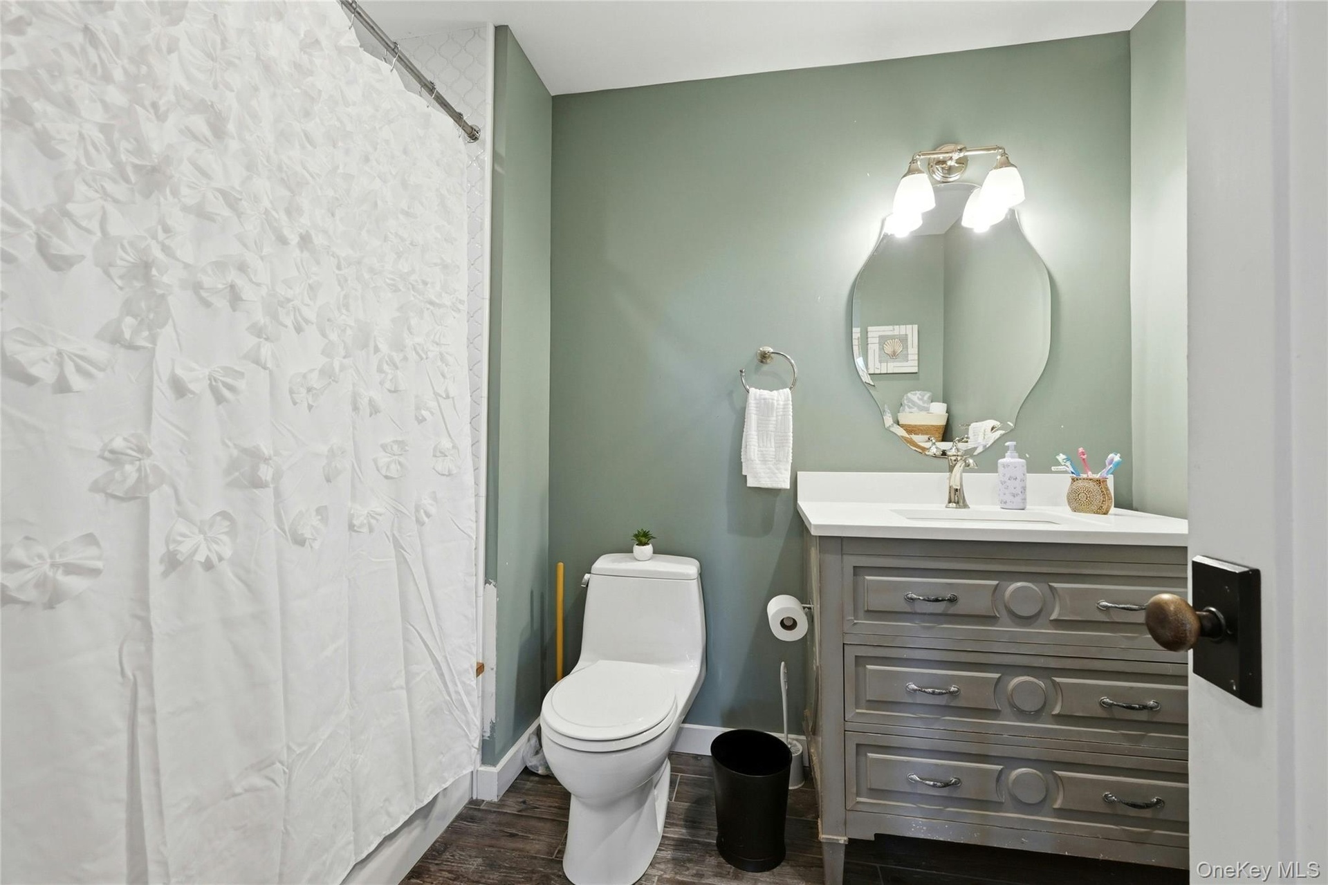 Bathroom featuring a gray vanity with a white countertop, a decorative mirror, and a two-light fixture