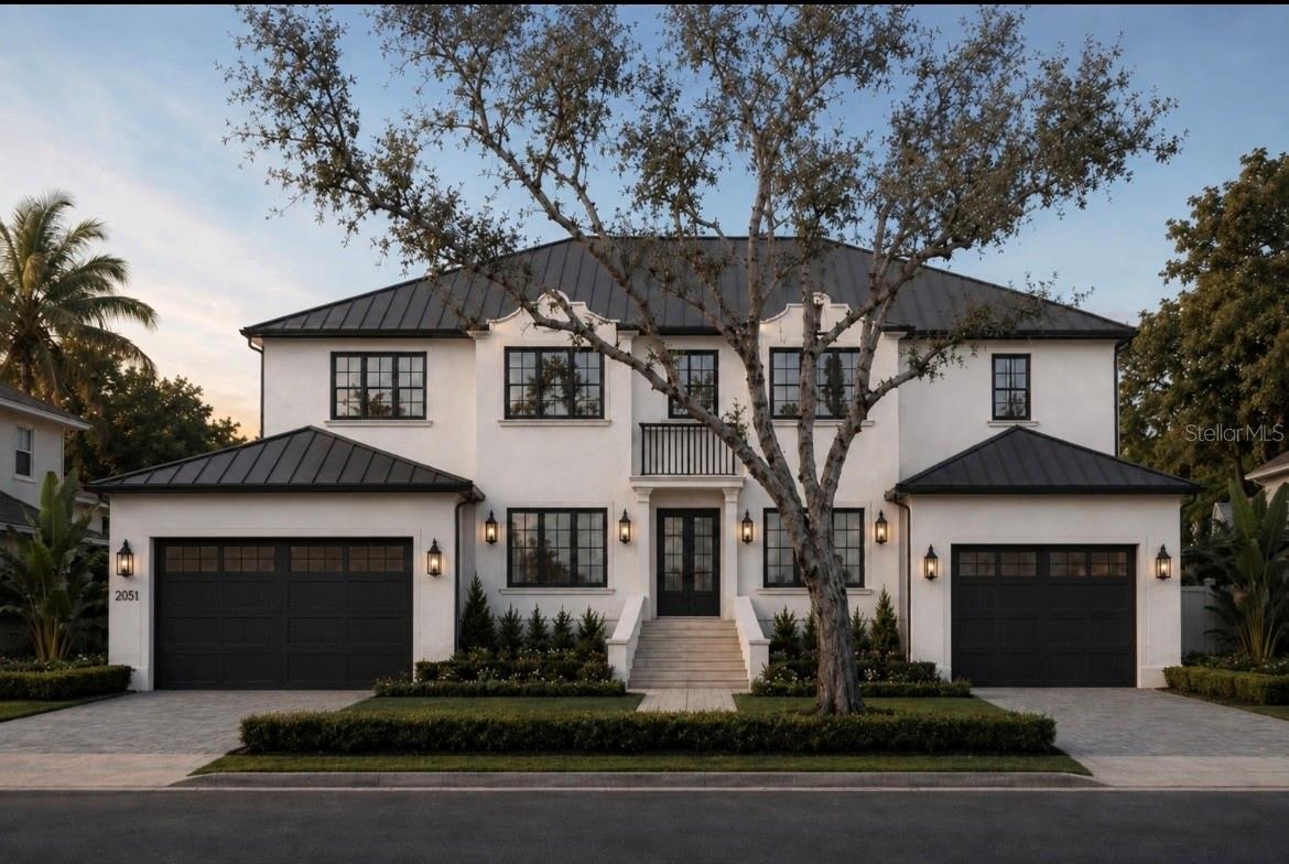 Front Rendering of House.  Actual oak tree in front of house.