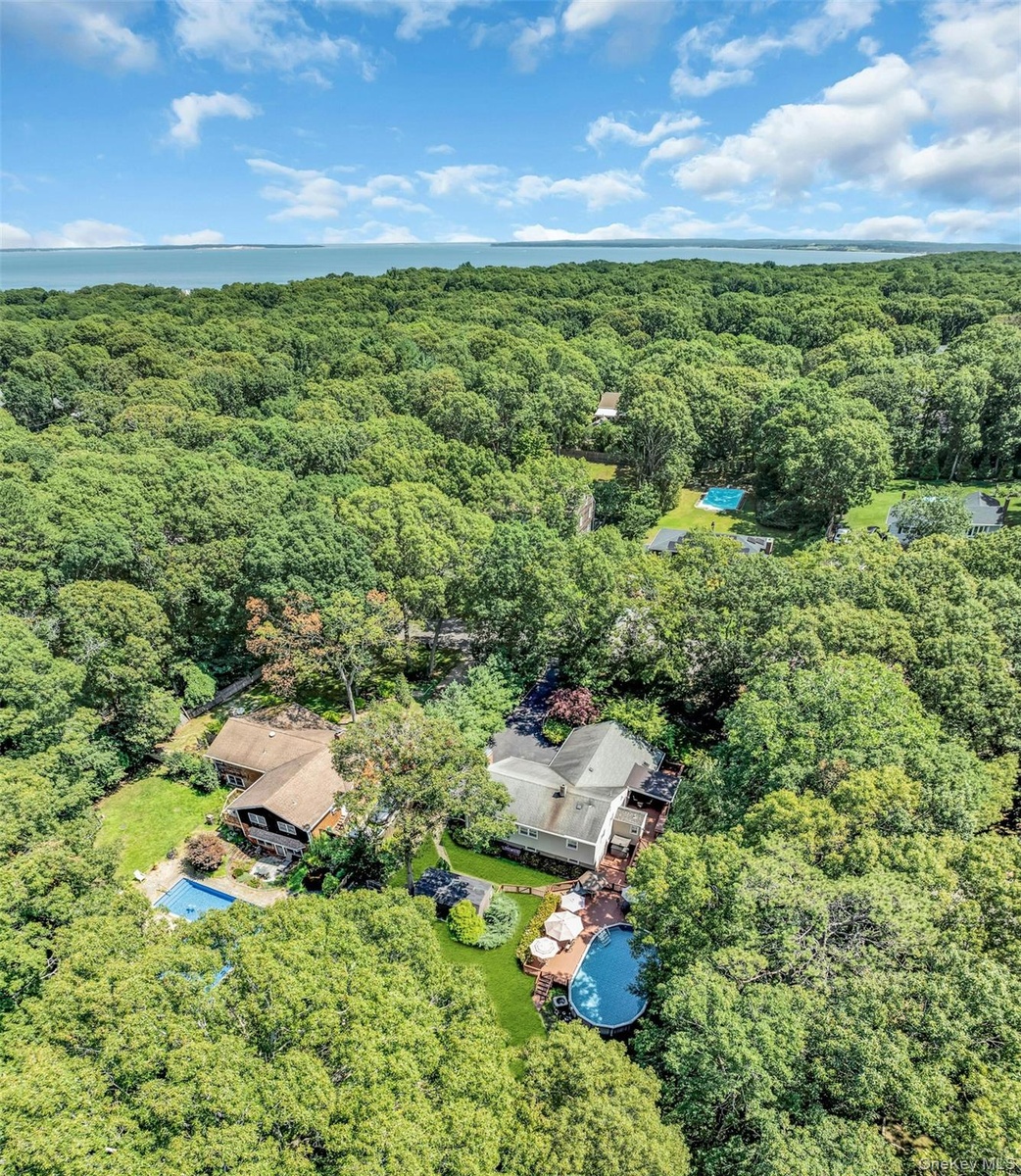 Aerial view showcasing a sprawling wooded estate with mature tree canopy, multiple residential structures, and resort-style amenities including an in-