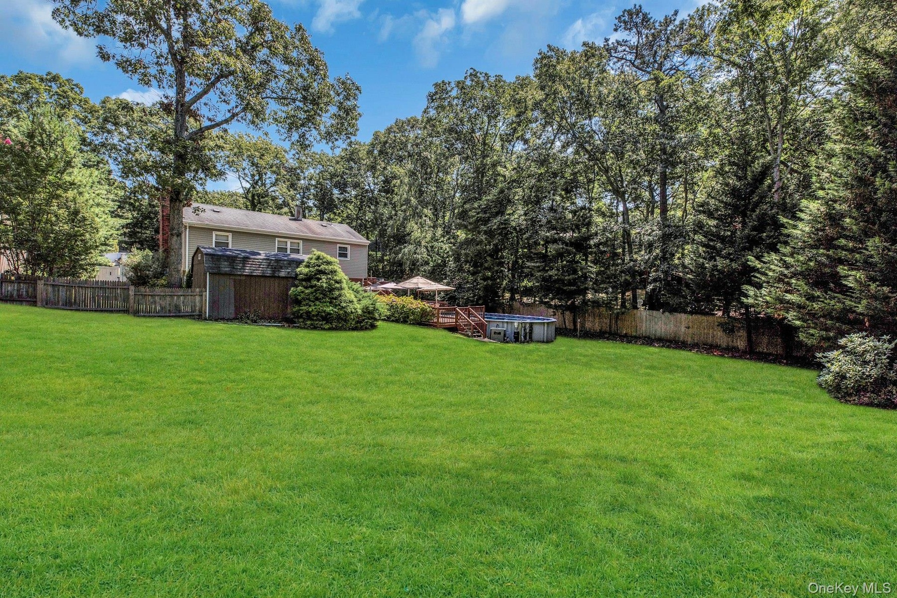 Expansive green lawn with a wooden privacy fence bordering mature trees