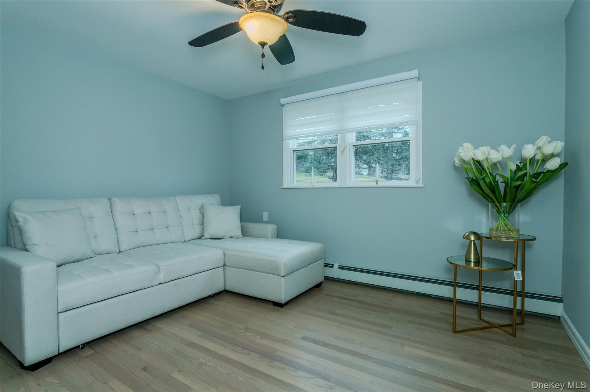 Living room with light hardwood / wood-style floors, ceiling fan, and a baseboard heating unit