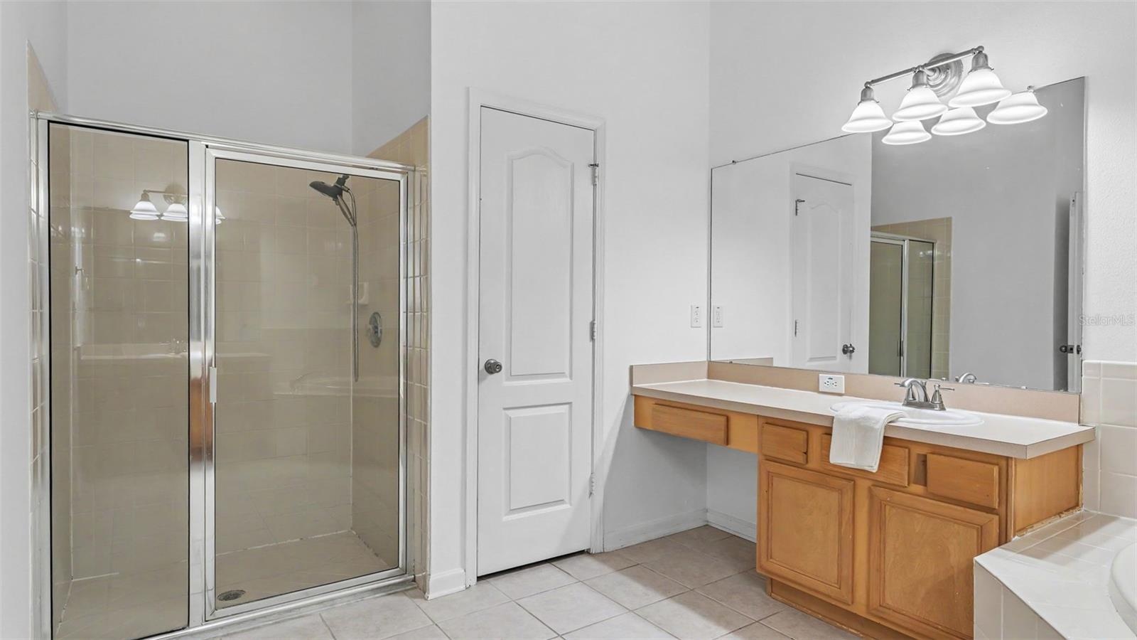 Master bathroom stand up shower and tub combo