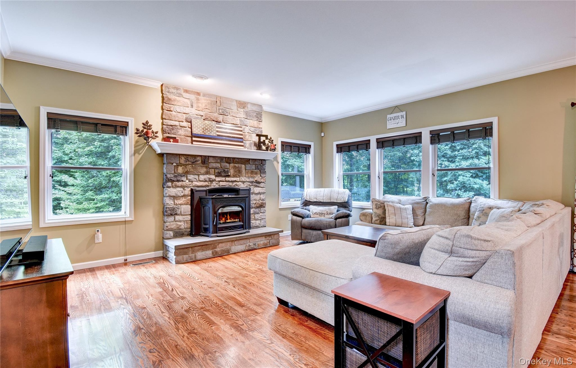 Living area featuring wood flooring, a stone-faced fireplace with hearth and pellet stove, recessed lighting, and multiple windows
