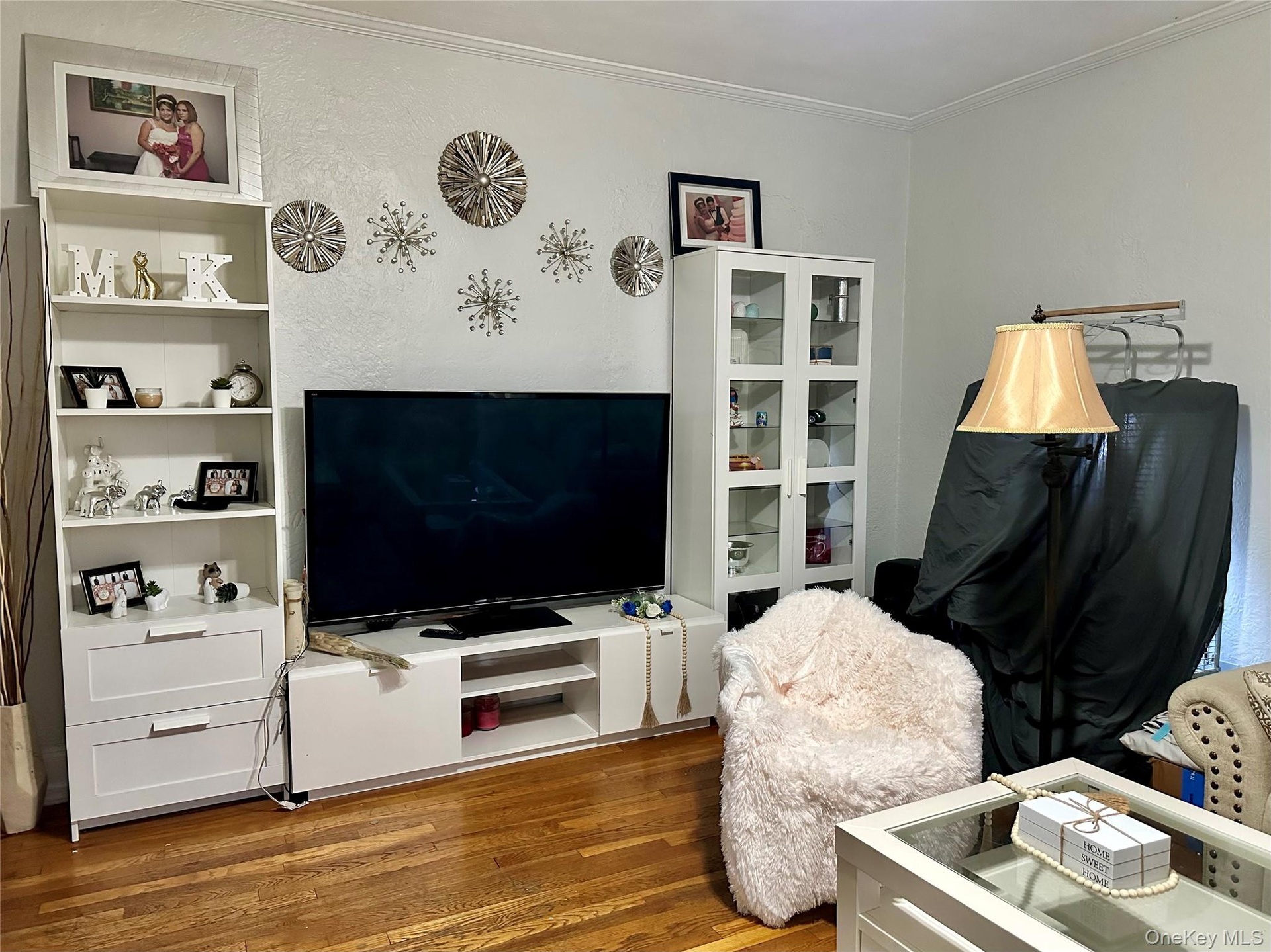 Living area with ornamental molding and light wood-style flooring