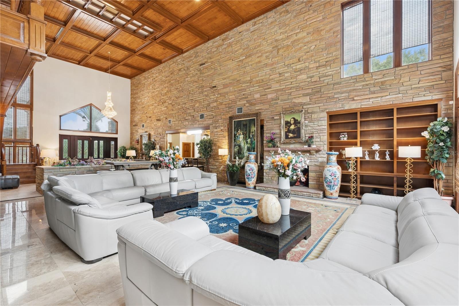 Great Room, Stone Fireplace, Built-in Bookcase