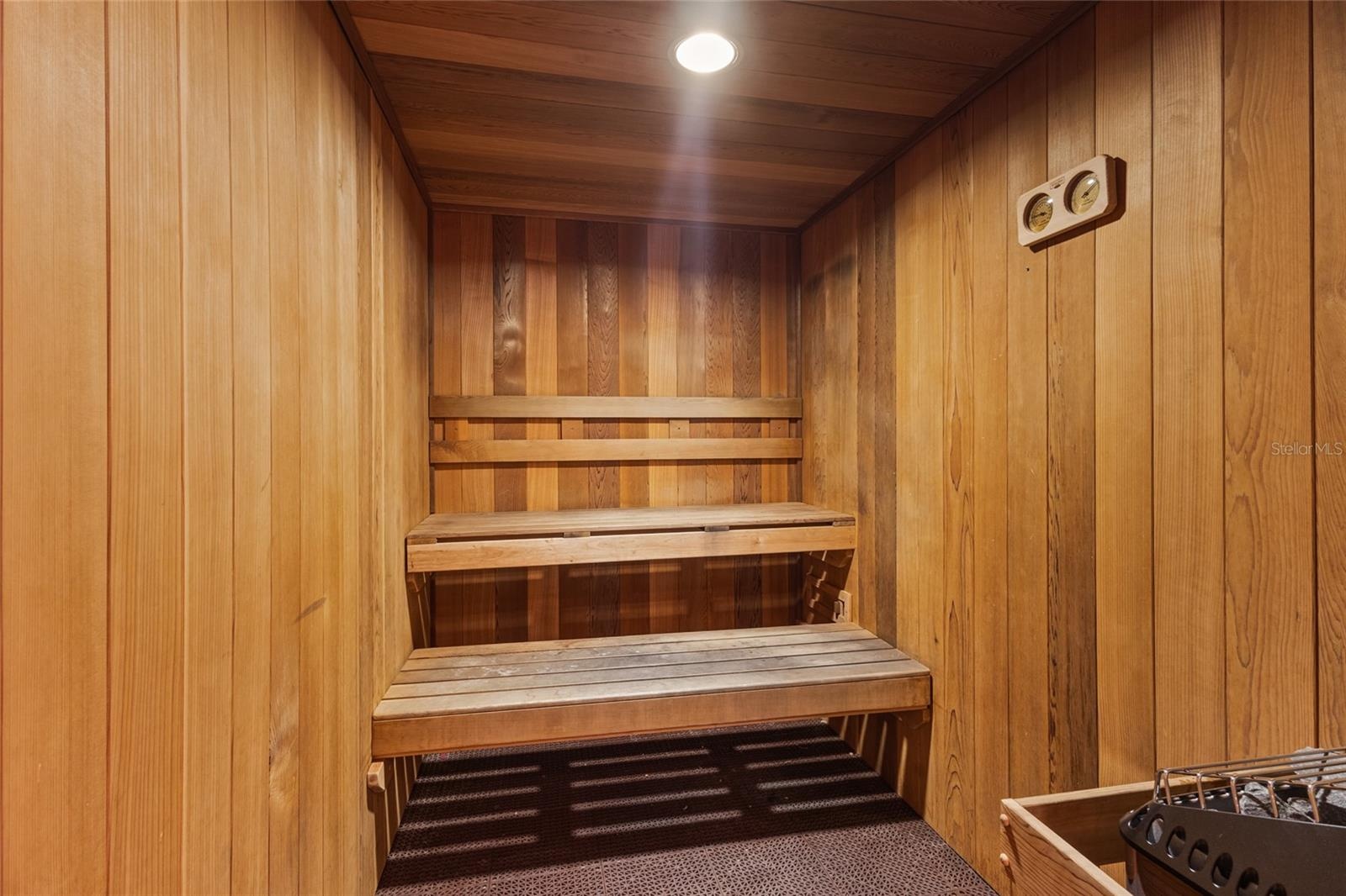 A sauna is located in each of the locker rooms.