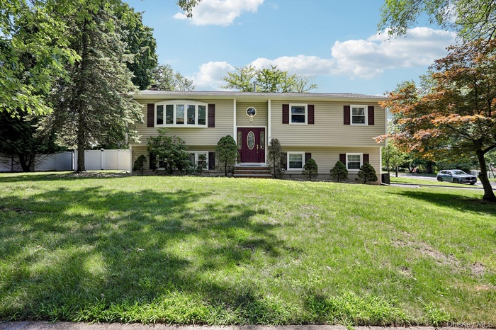 Split-level residence featuring beige siding with dark red window shutters and a matching front door