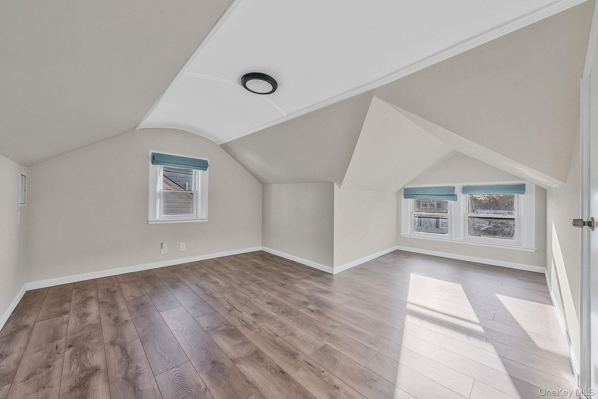 Bonus room with light wood-style floors and vaulted ceiling