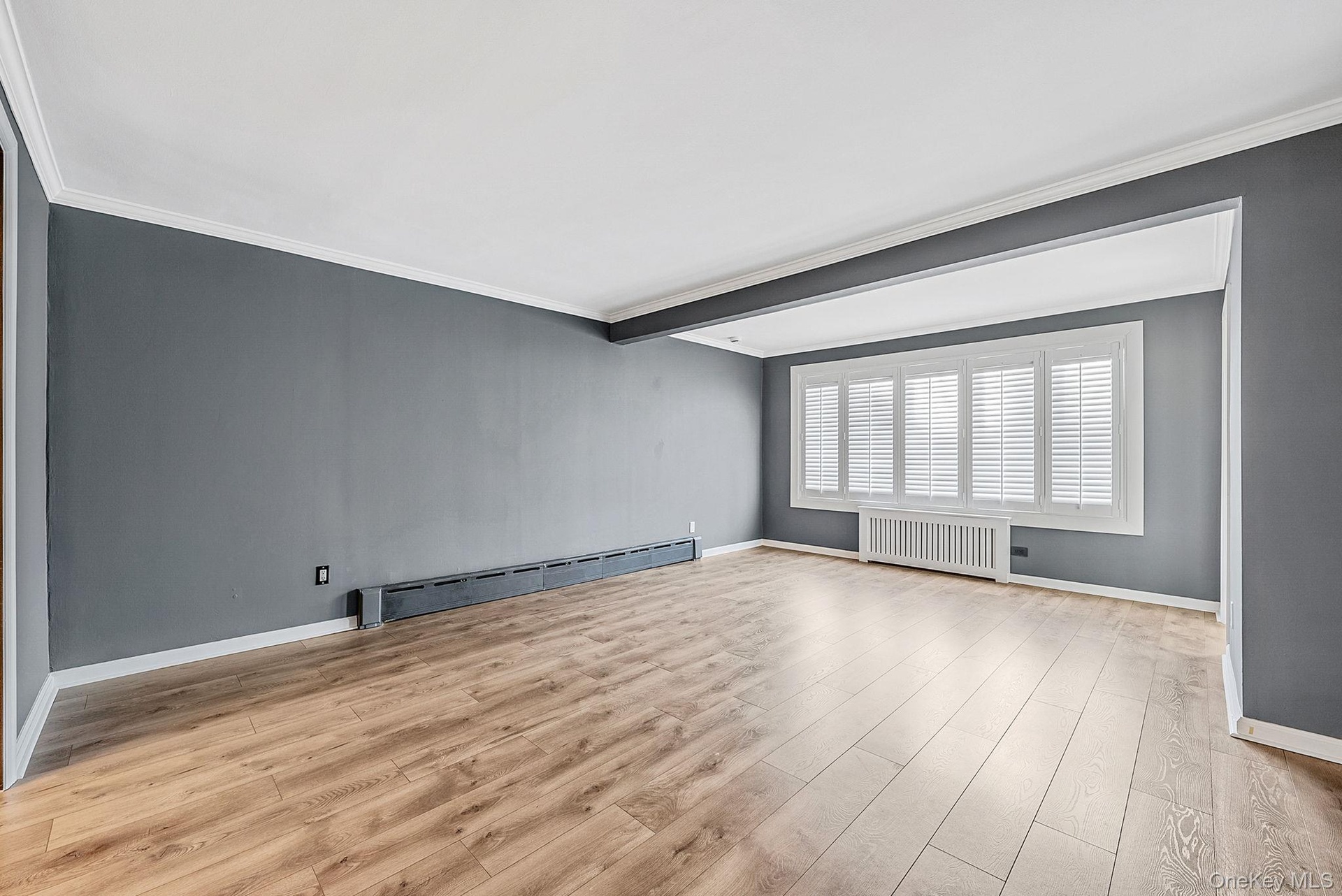 Unfurnished room featuring ornamental molding, baseboard heating, radiator, light wood-style flooring, and beam ceiling