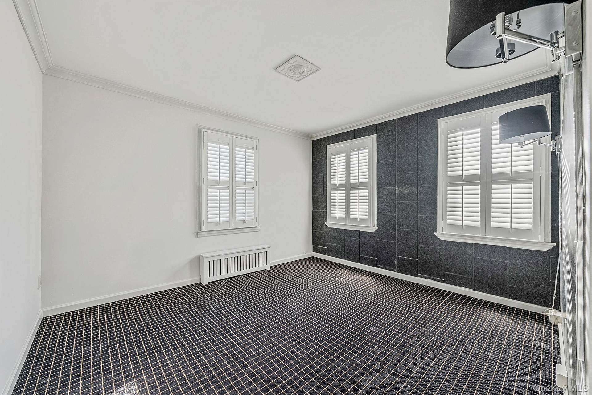 Unfurnished room featuring ornamental molding, radiator, healthy amount of natural light, and dark colored carpet
