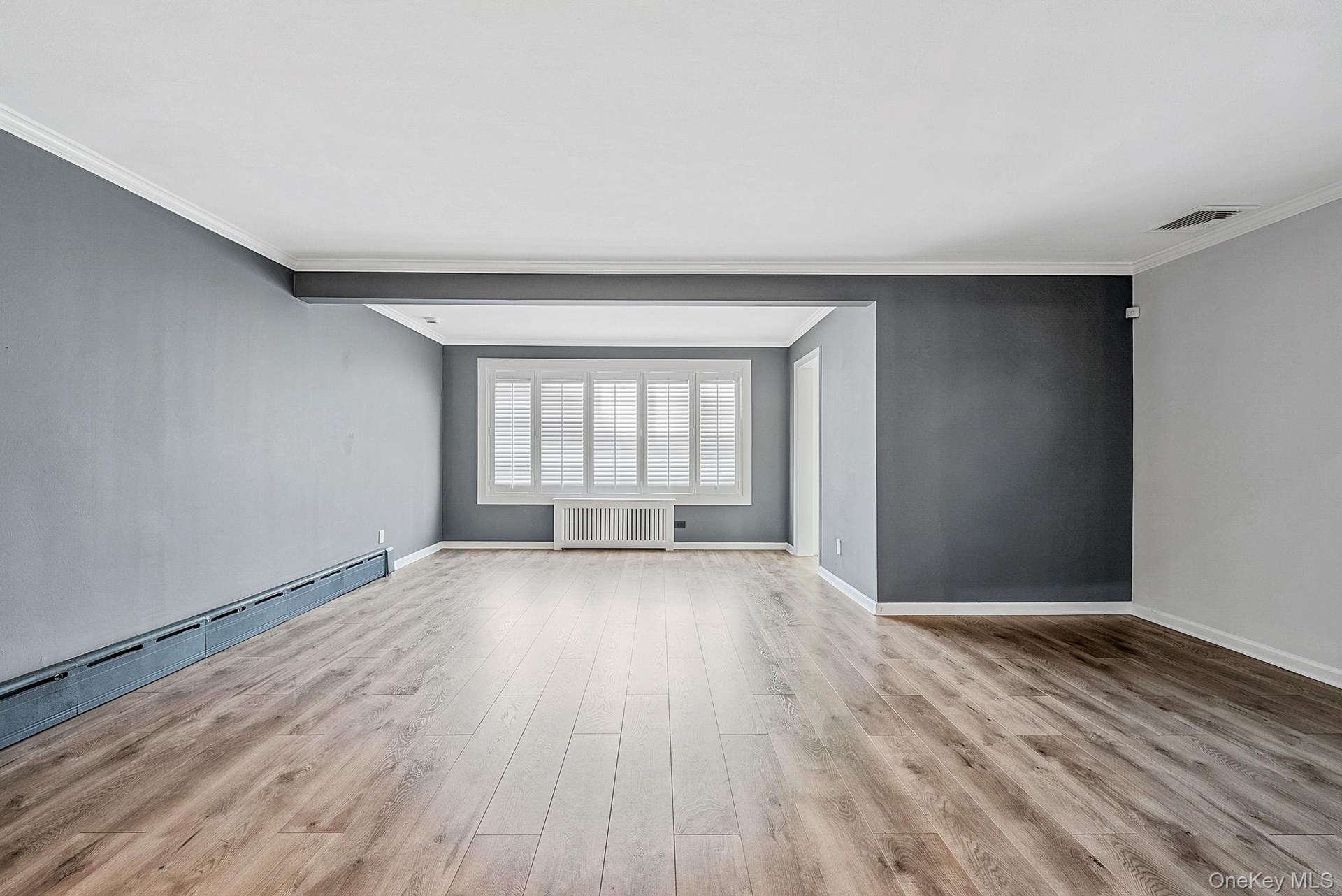 Empty room featuring radiator, light wood-style floors, and ornamental molding