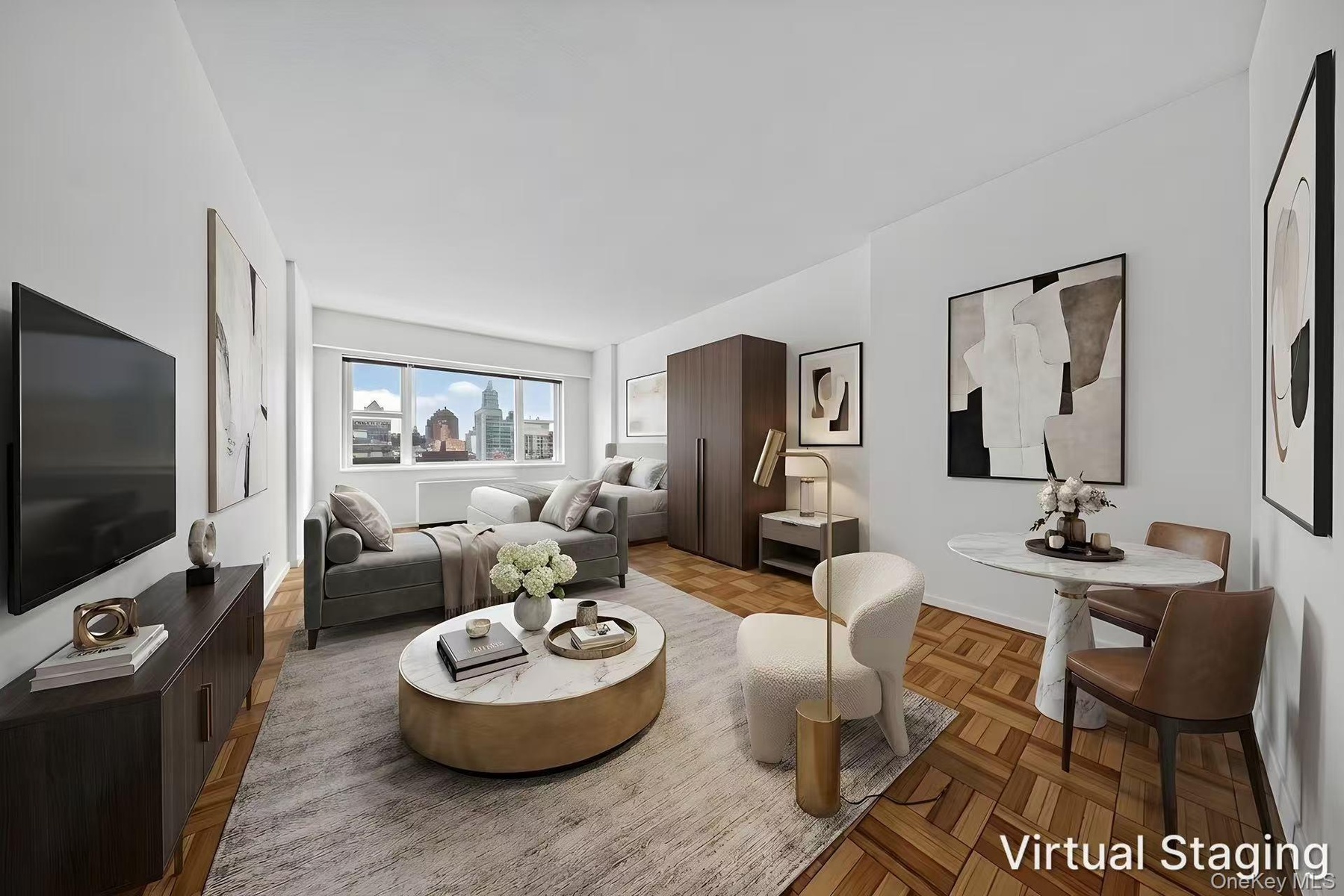 Expansive living space featuring wood-finish parquet flooring, a wide window with cityscape scenery, a built-in wall air conditioning unit, and a dini