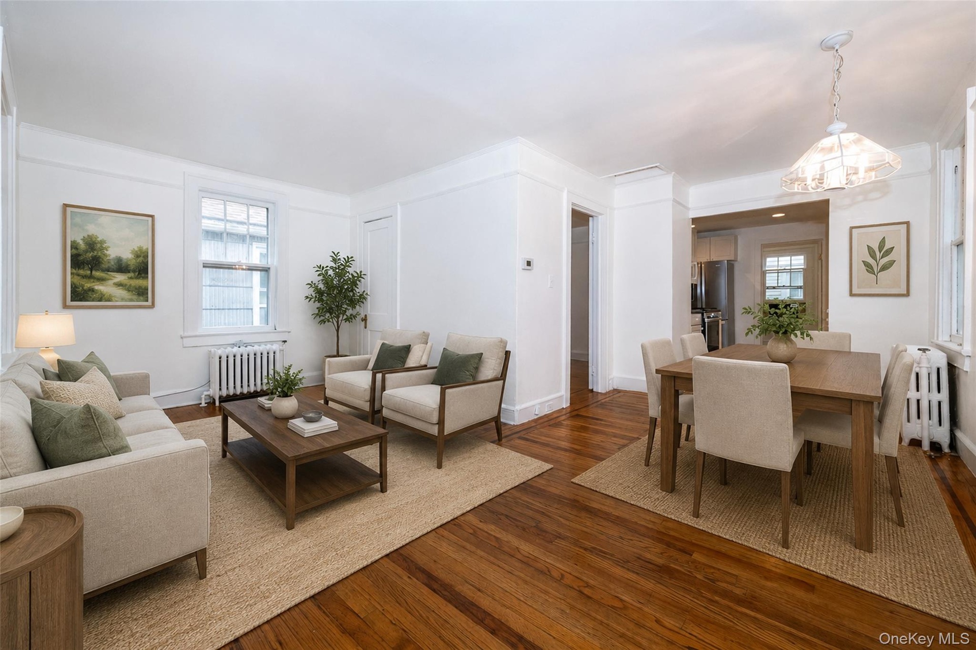 virtually staged.Living room/with dining area