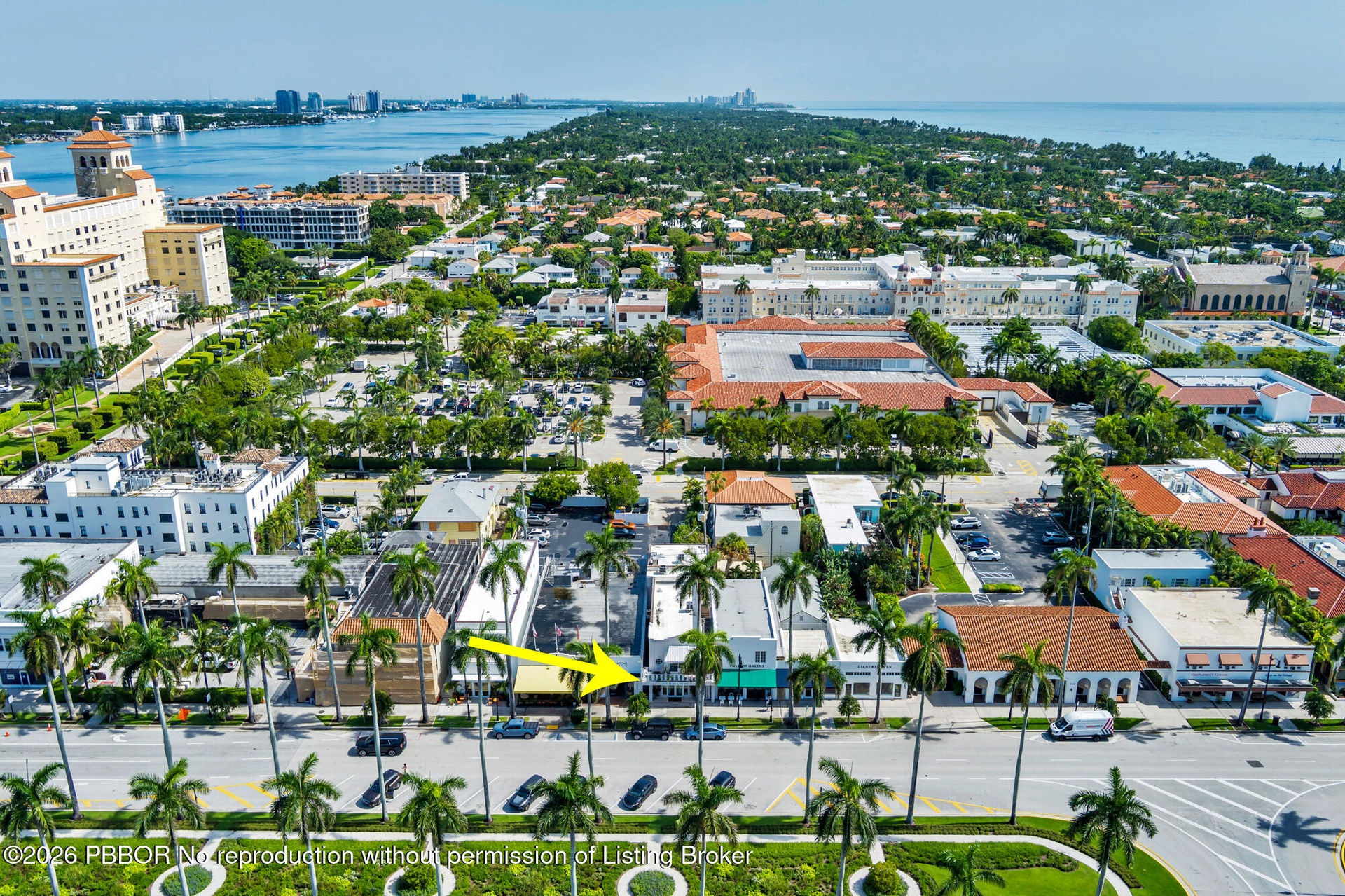 Aerial view of the retail store, intracoastal and Royal Poinciana Way