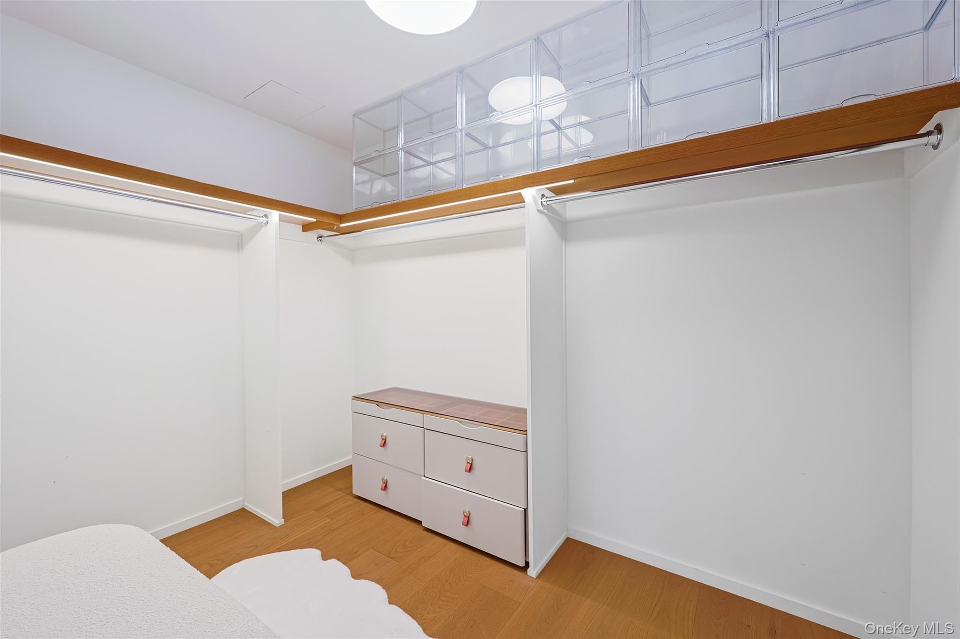 Primary Bedroom Walk-in closet featuring wood-finish flooring, white walls, built-in clothing rods, integrated overhead lighting.