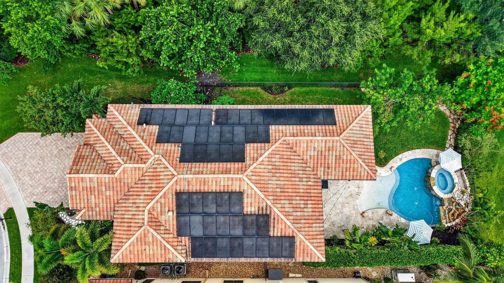 Terracotta tile roof with integrated solar panels