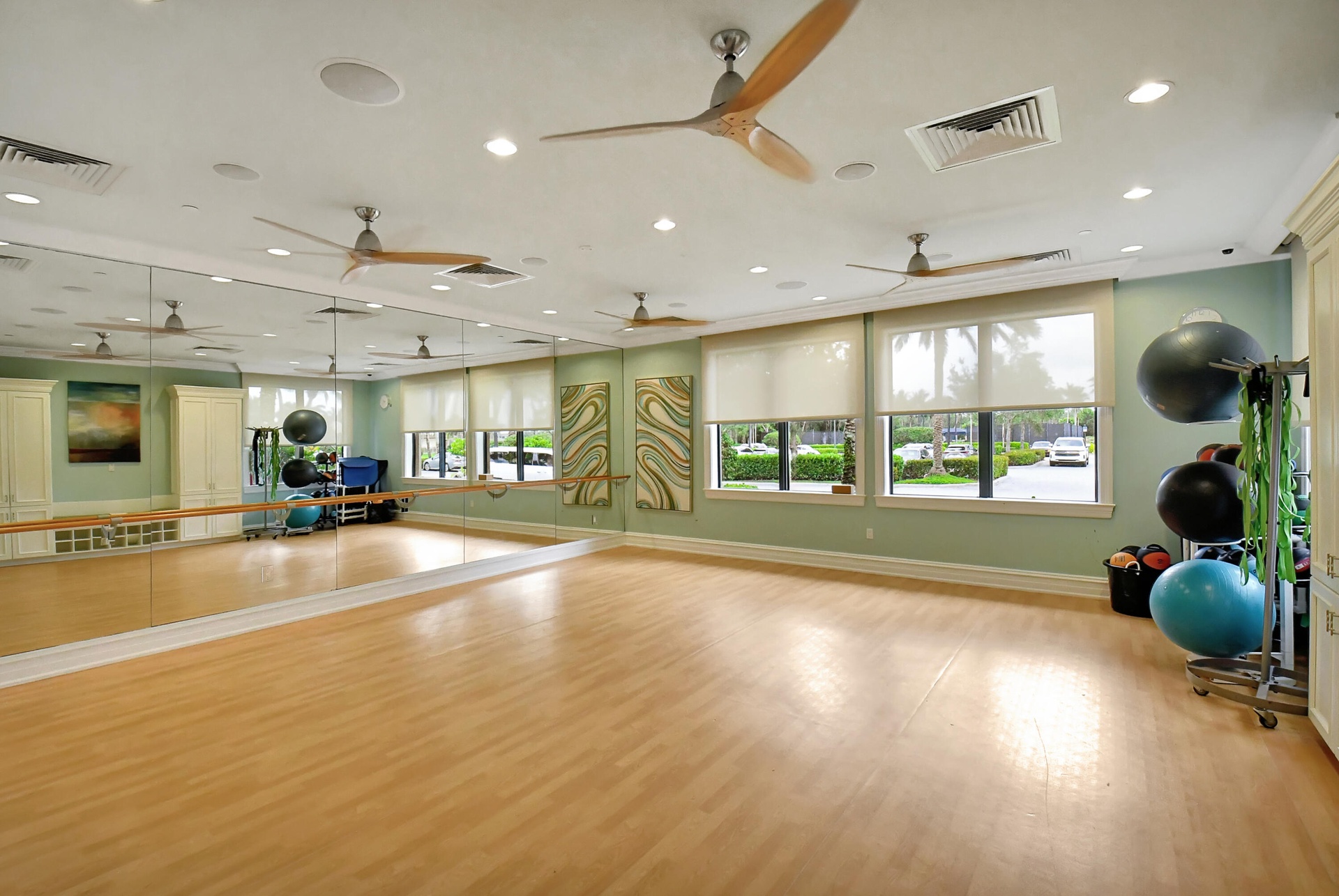 Spacious room featuring wood-finish flooring, full-wall mirrors, and multiple windows with roller shades