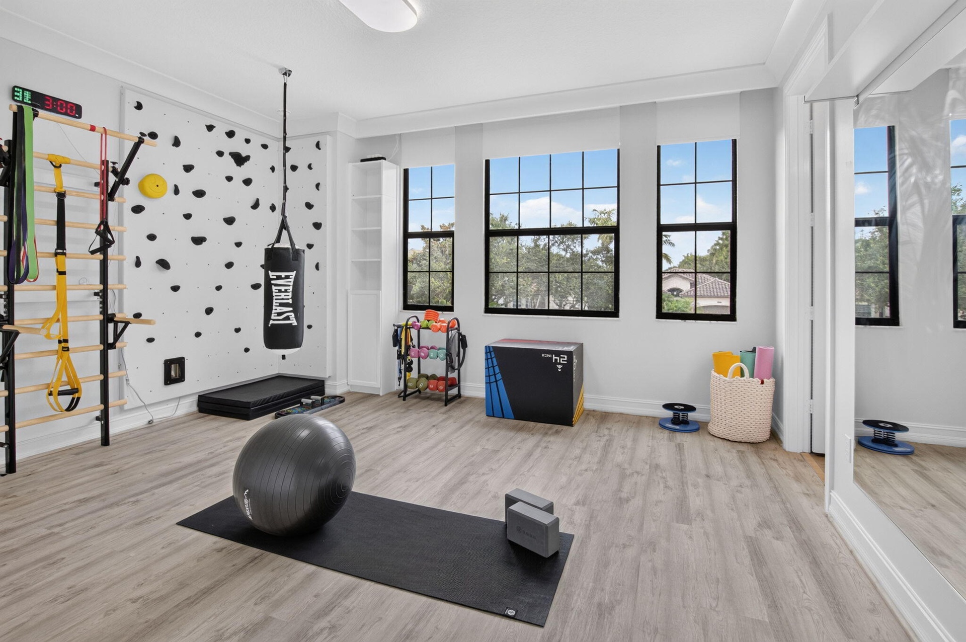 Dedicated exercise space featuring wood-finish flooring, a climbing wall with grips, and three large windows