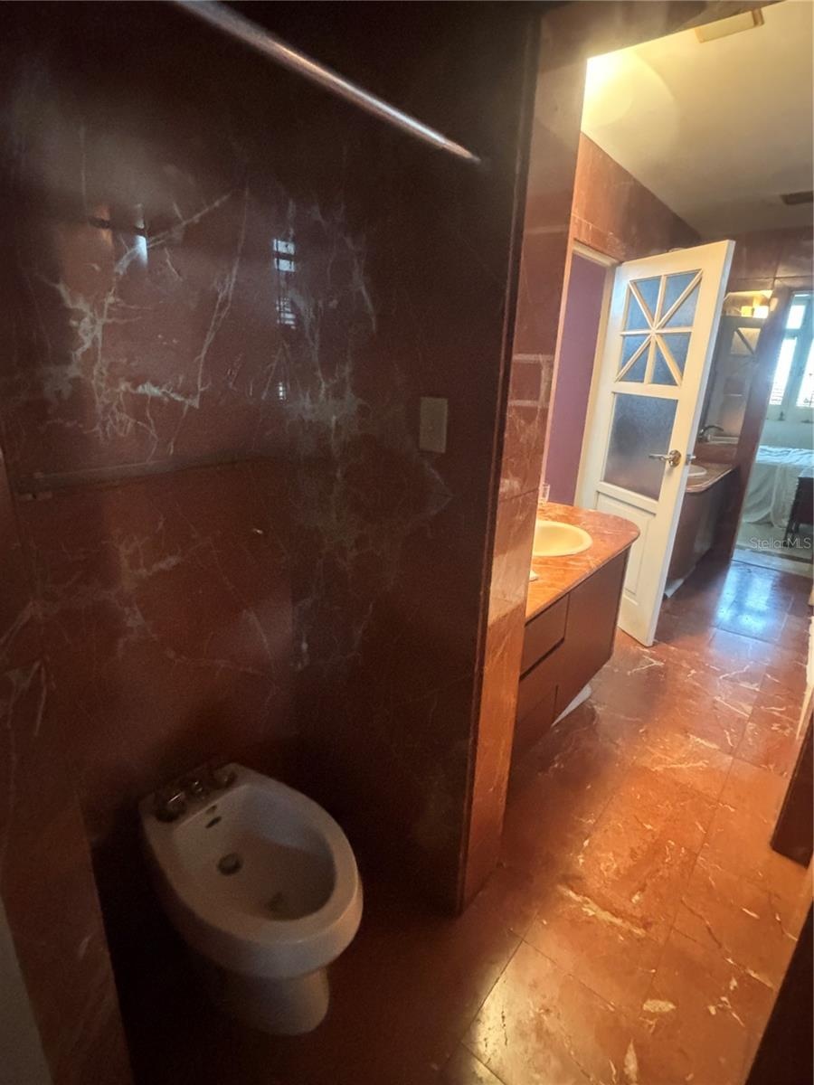 Primary bathroom has two separate WCs, Spa Tub, two separate vanities, separate shower, separate bidet and door to the walk-in closet.