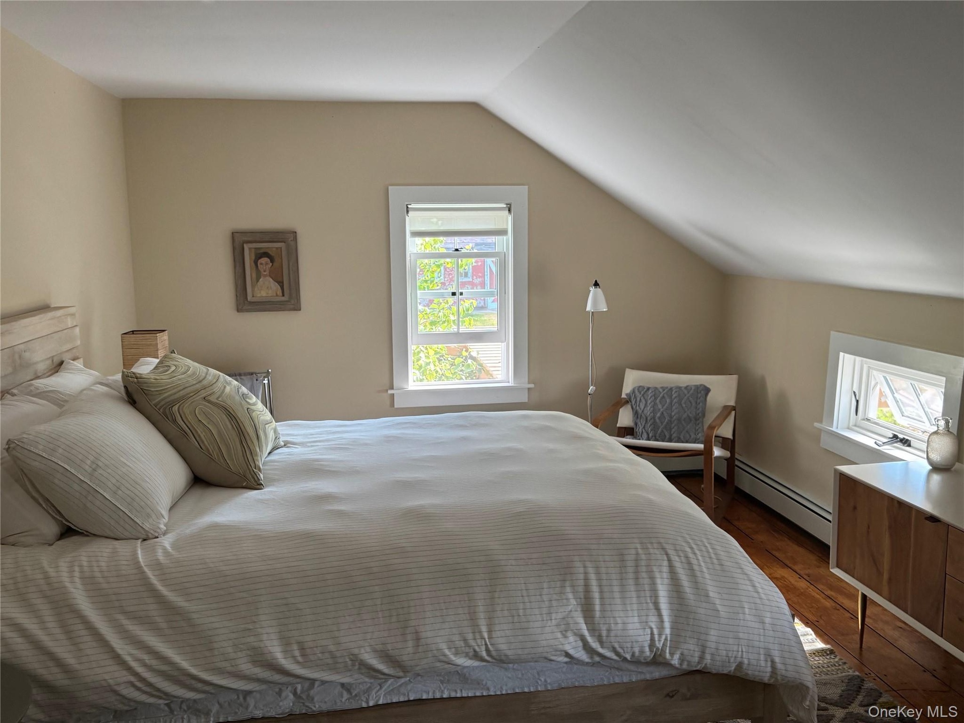 Bedroom featuring vaulted ceiling, dark wood-style floors, and a baseboard radiator